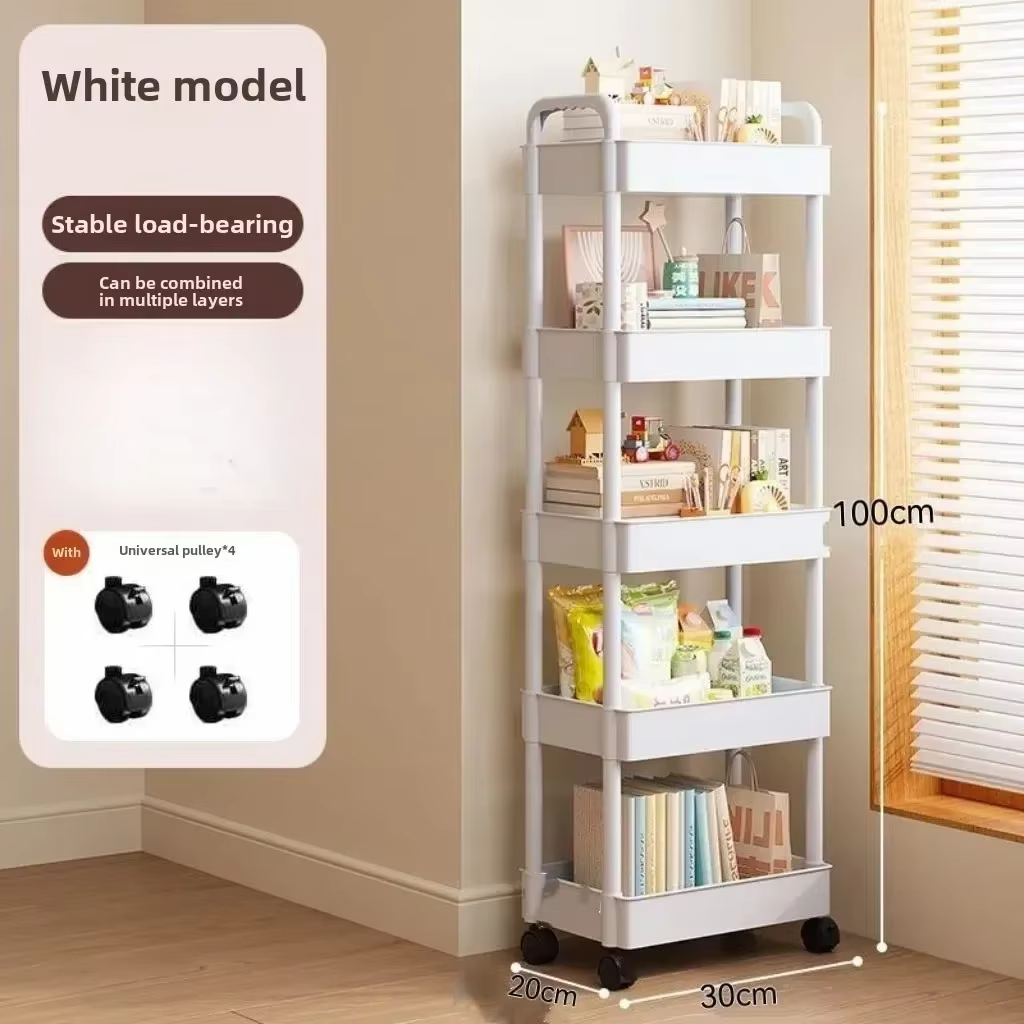 Chariot de rangement multifonctionnel blanc à roulettes : Étagères ouvertes pour espaces de vie, présentoir à livres, idéal pour la cuisine, la chambre à coucher, rangement et décoration