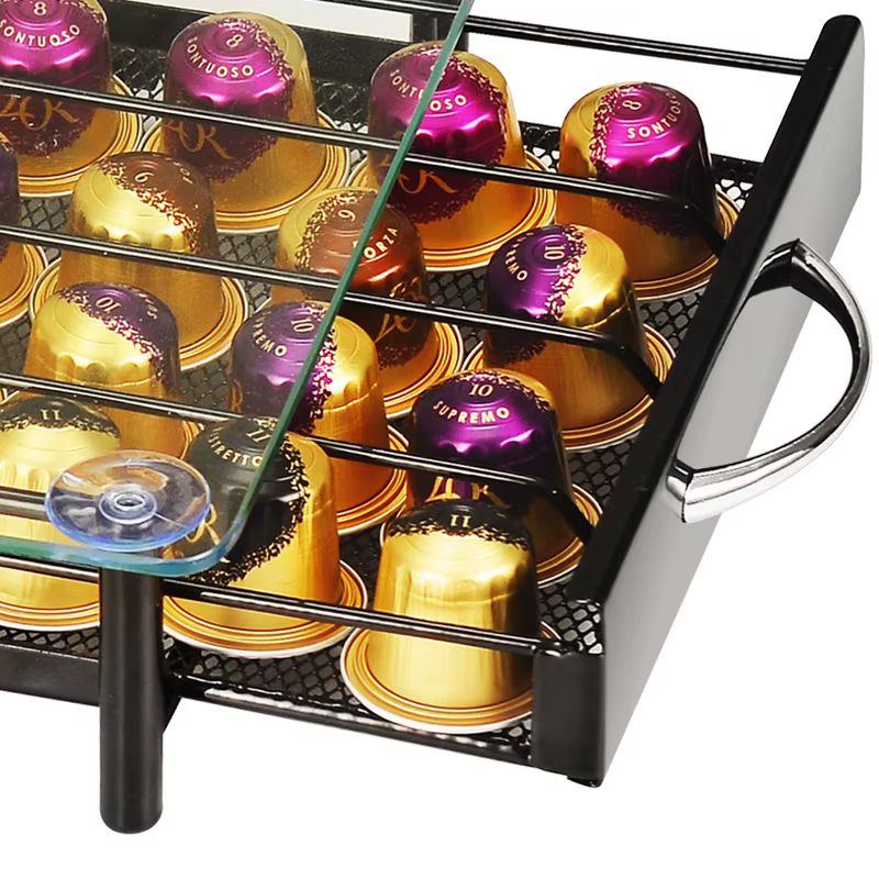 40 compartiments pour dosettes de café, tiroir de rangement pour capsules de café, organisateur de capsules Nespresso avec étagères en verre blindé