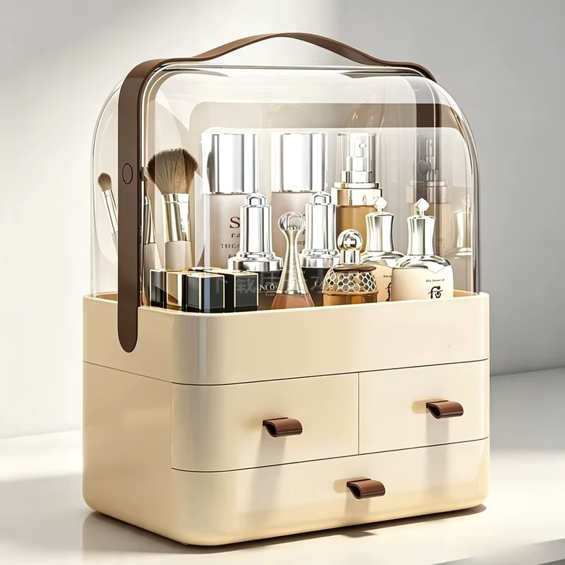 Organisateur de Comptoir de Coiffeuse avec Couvercle, Tiroir Étanche et Anti-Poussière, Boîte de Rangement pour Soins de la Peau, Présentoir de Maquillage