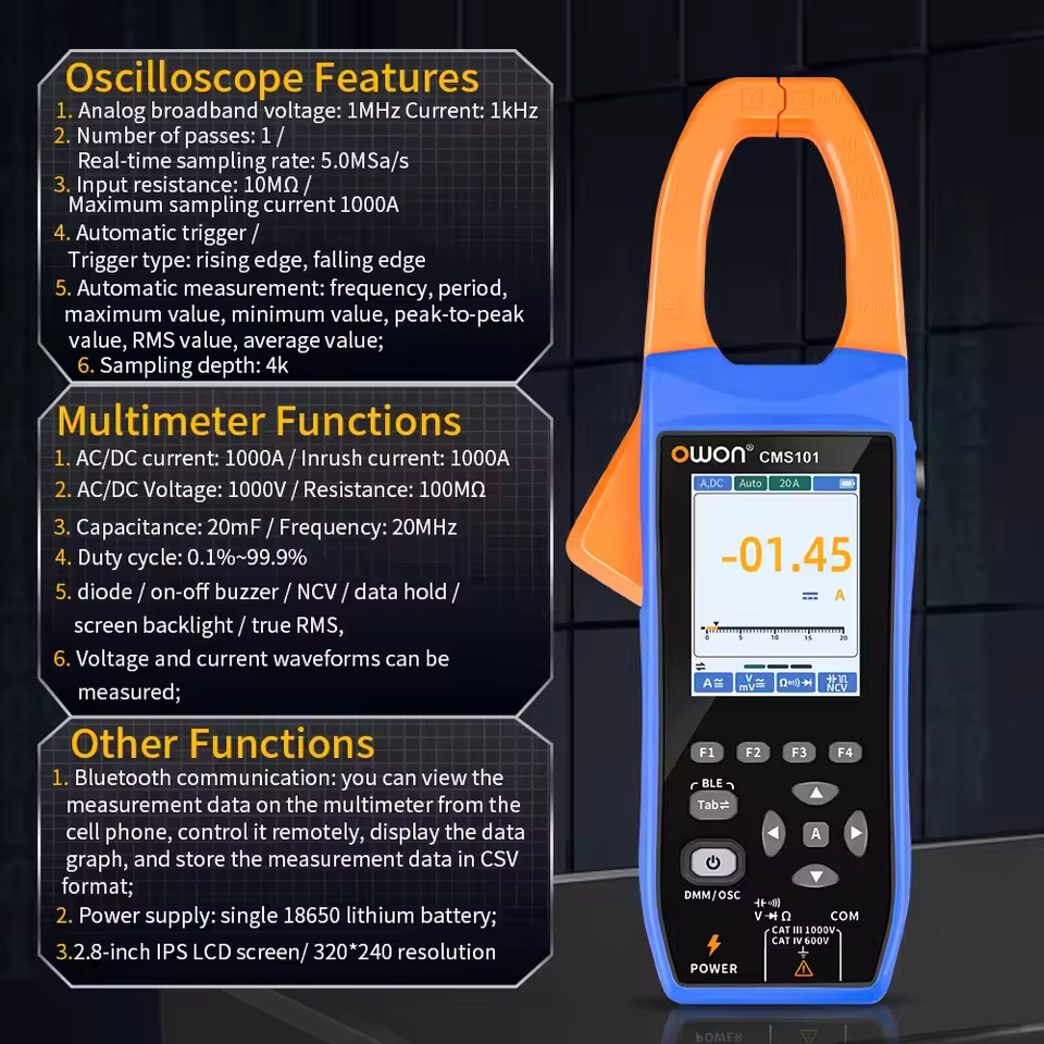 Pince multimètre OWON CMS061/101 True RMS | Oscilloscope + Enregistreur 3 en 1 | Mesure AC/DC | Opération entièrement
