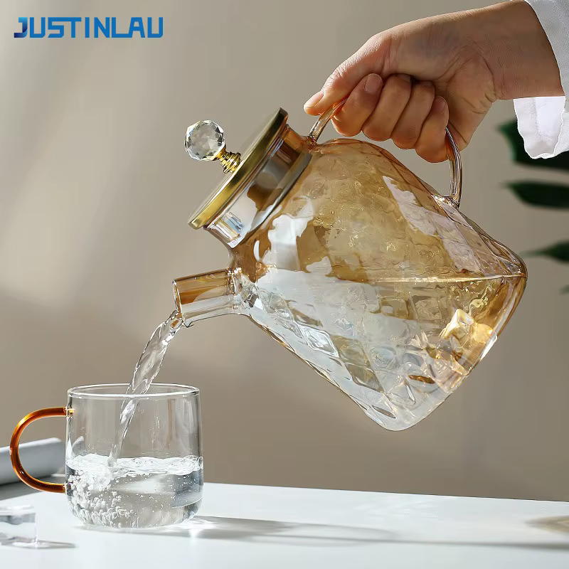 JUSTINLAU 1/1.8L théière verre à haute teneur en Borosilicate bouilloire d'eau froide avec couvercle et filtre ambre résistant à la chaleur thé en fleurs