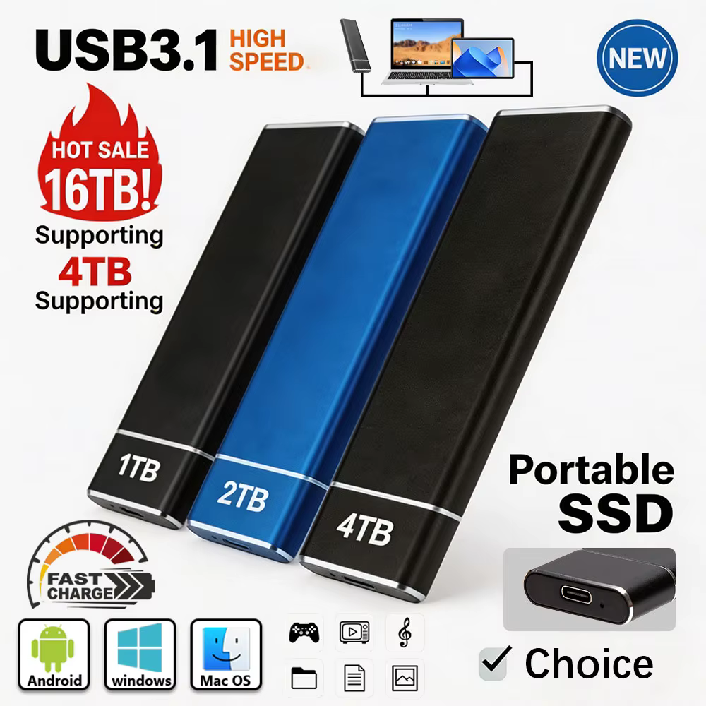 SSD externe portable USB 3.1 haute vitesse 2 To, 1 To, 4 To, grande capacité originale pour PC, ordinateur portable, Mac, téléphone portable