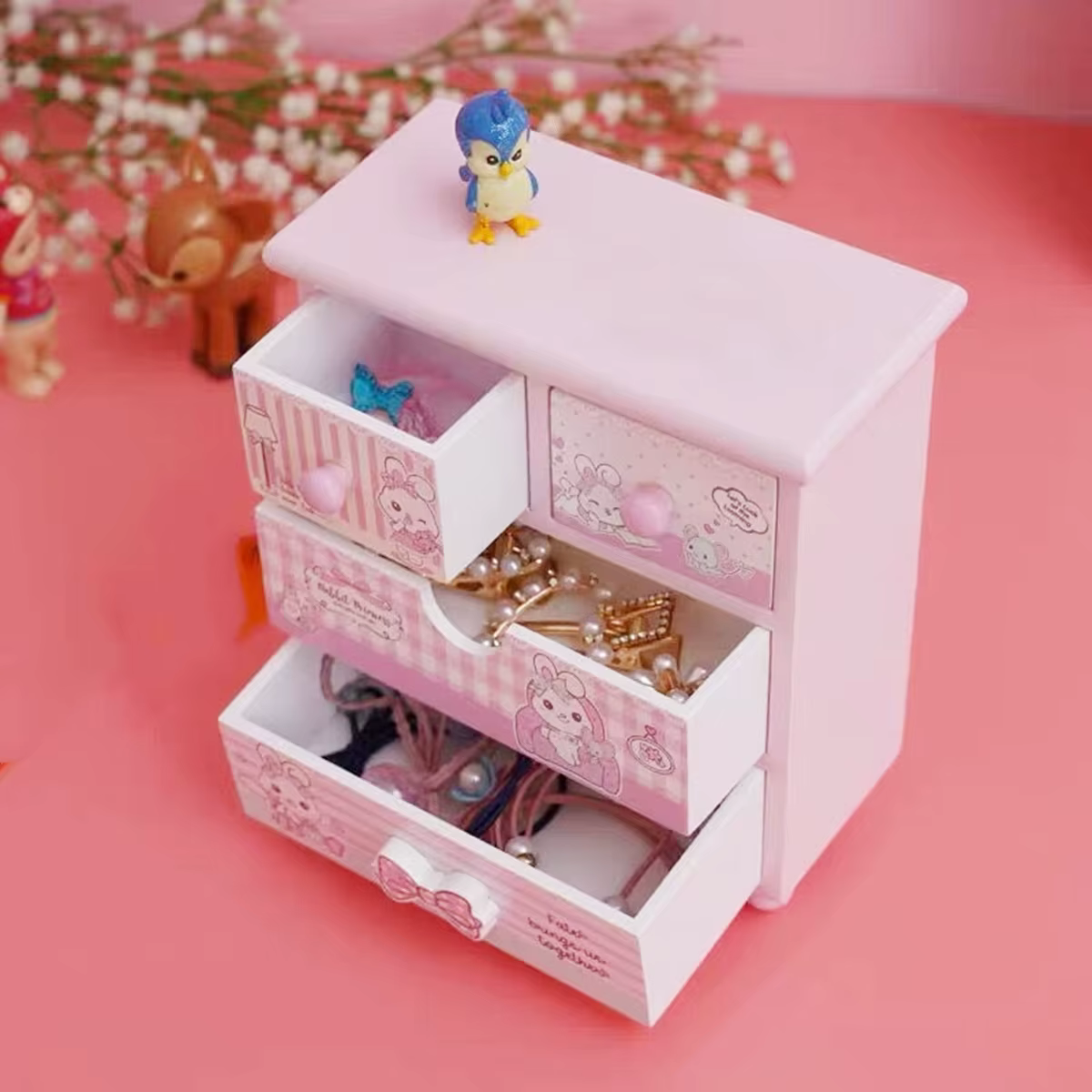 Boîte de rangement cosmétique en bois rose