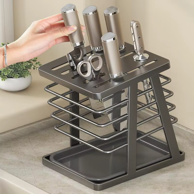 Support de rangement carré multifonctionnel pour ustensiles de cuisine, économiseur d'espace, pour outils de découpe, avec égouttoir de comptoir