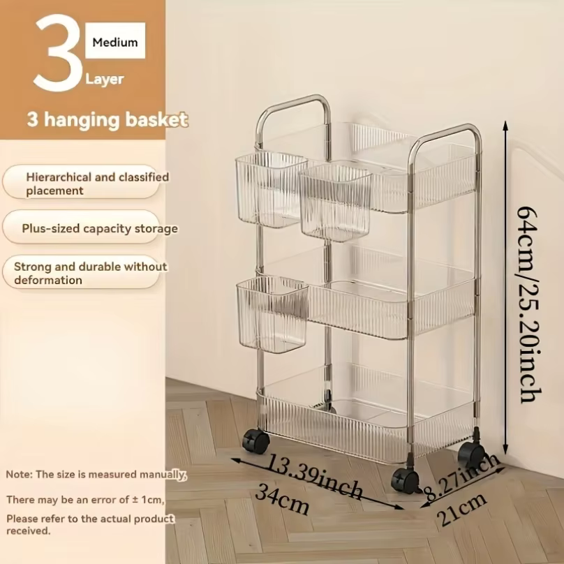 Chariot de rangement transparent à 3 niveaux avec roulettes