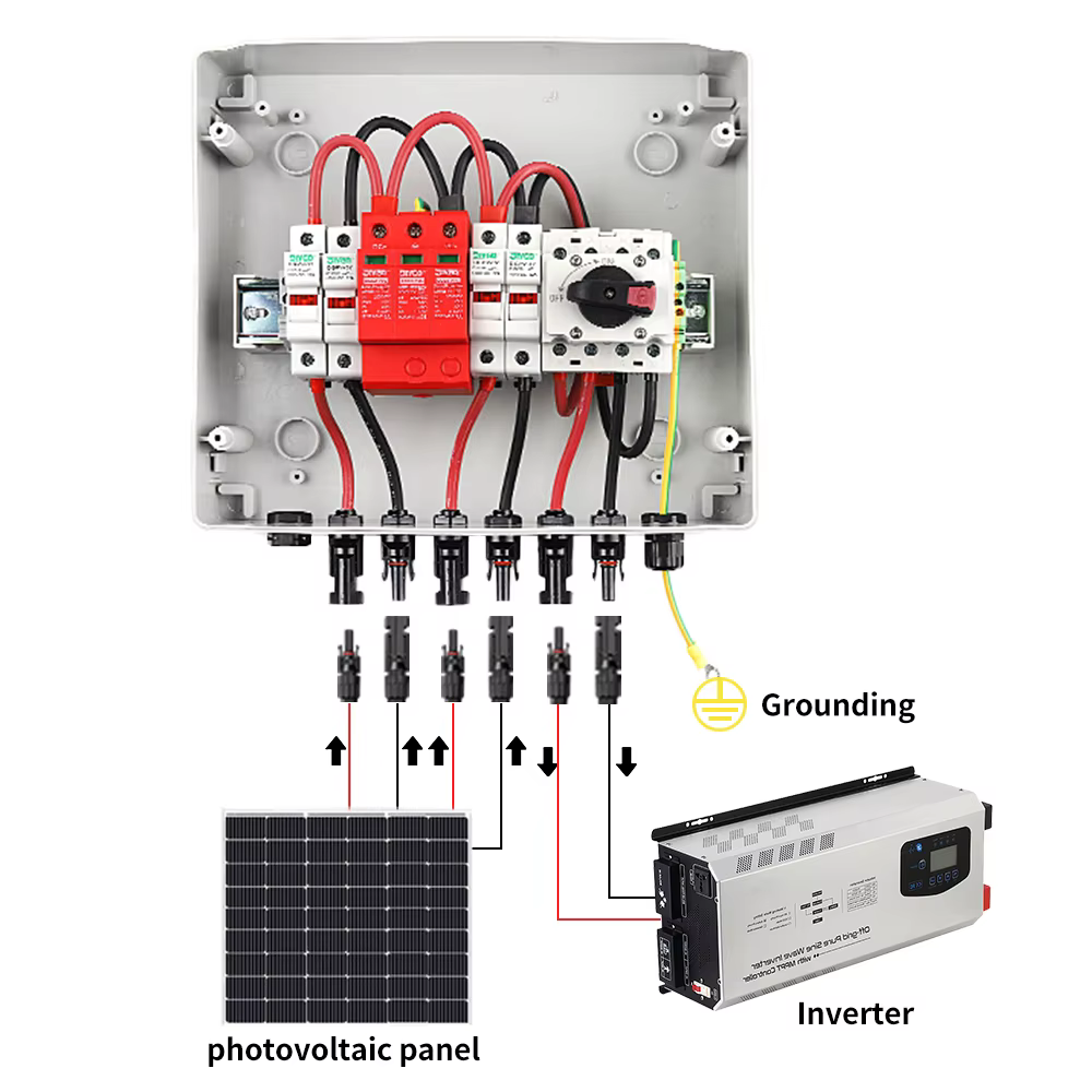Boîtier de Combinaison Solaire Photovoltaïque DC 2 Entrées 1 Sortie DC 1000V IP65 Étanche à la Pluie avec Protection Foudre Fusible MCB SPD