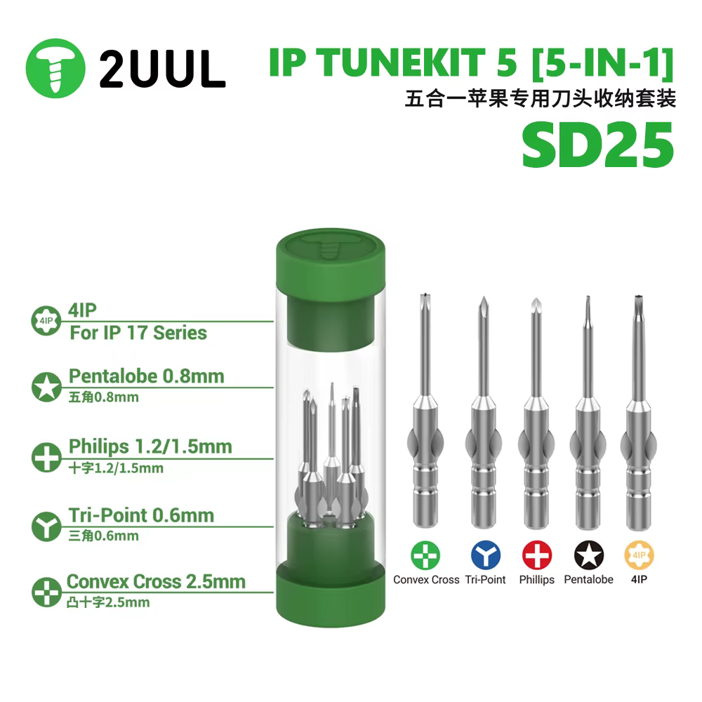 Jeu de tournevis 5-en-1 2UUL pour appareils IP avec embouts magnétiques 4IP 0.8 1.2/1.5 0.6 2.5 mm pour la réparation d'iPhone et le retrait des vis