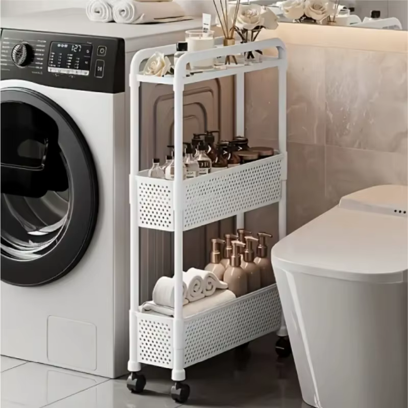 Unité de rangement mobile noire, étagères pratiques à plusieurs niveaux, support de rangement étroit sur roulettes.