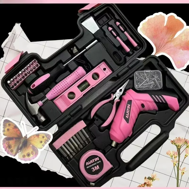 Boîte à Outils Domestique Rose avec Marteau et Tournevis à Batterie au Lithium pour Femme