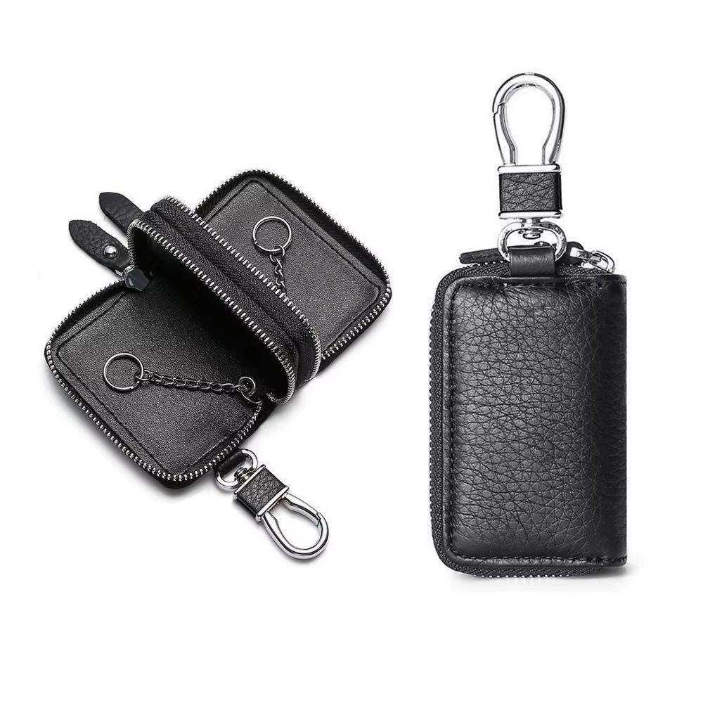 Nouvel étui à clés de voiture en cuir multifonctionnel, pochette à double compartiment, couleur unie, fermeture éclair, sac porte-clés pour voiture