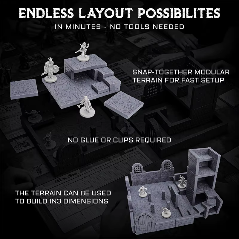 Ensemble de carreaux de donjon magnétiques – Kit de terrain modulaire et à peindre de 58 pièces avec sols texturés double face – Construisez des cartes de combat 3D