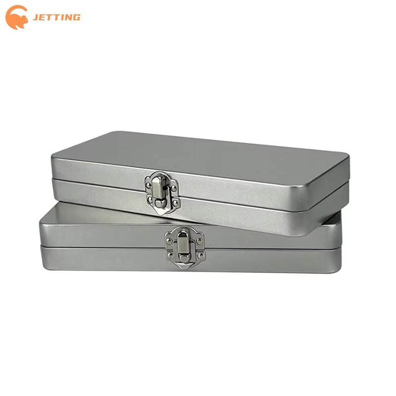 (Nouveau) 1 boîte rectangulaire en métal gris argenté avec couvercle