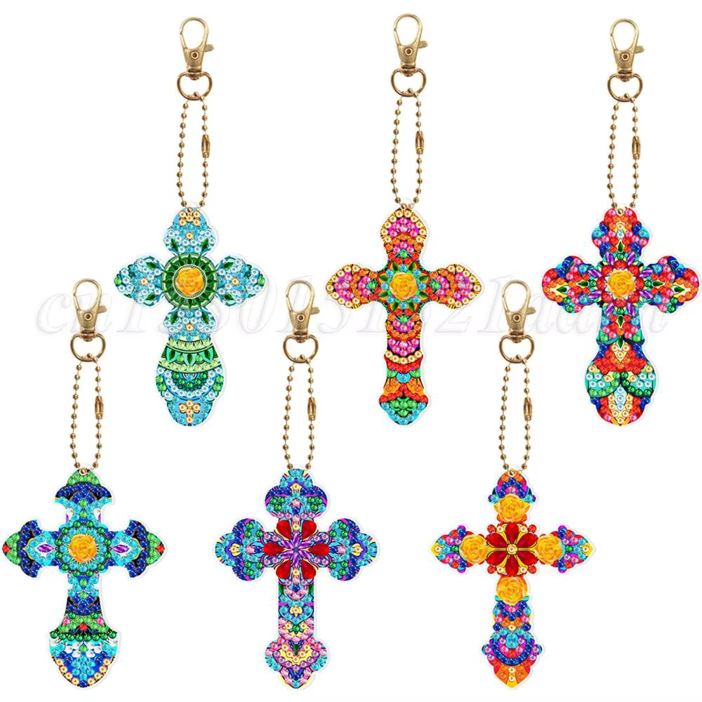 6 pièces Porte-clés de peinture diamantée en forme de croix