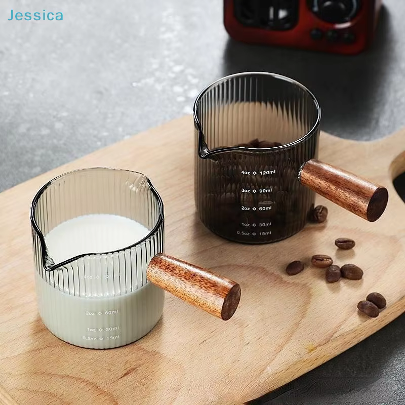 ♥ Tasse à mousse de lait en verre côtelé avec poignée en bois - Tasse doseuse de 120 ml pour café et lait