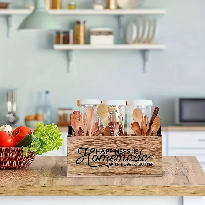 Organisateur d'ustensiles de cuisine en bois classique de haute qualité - Boîte de rangement portable avec design