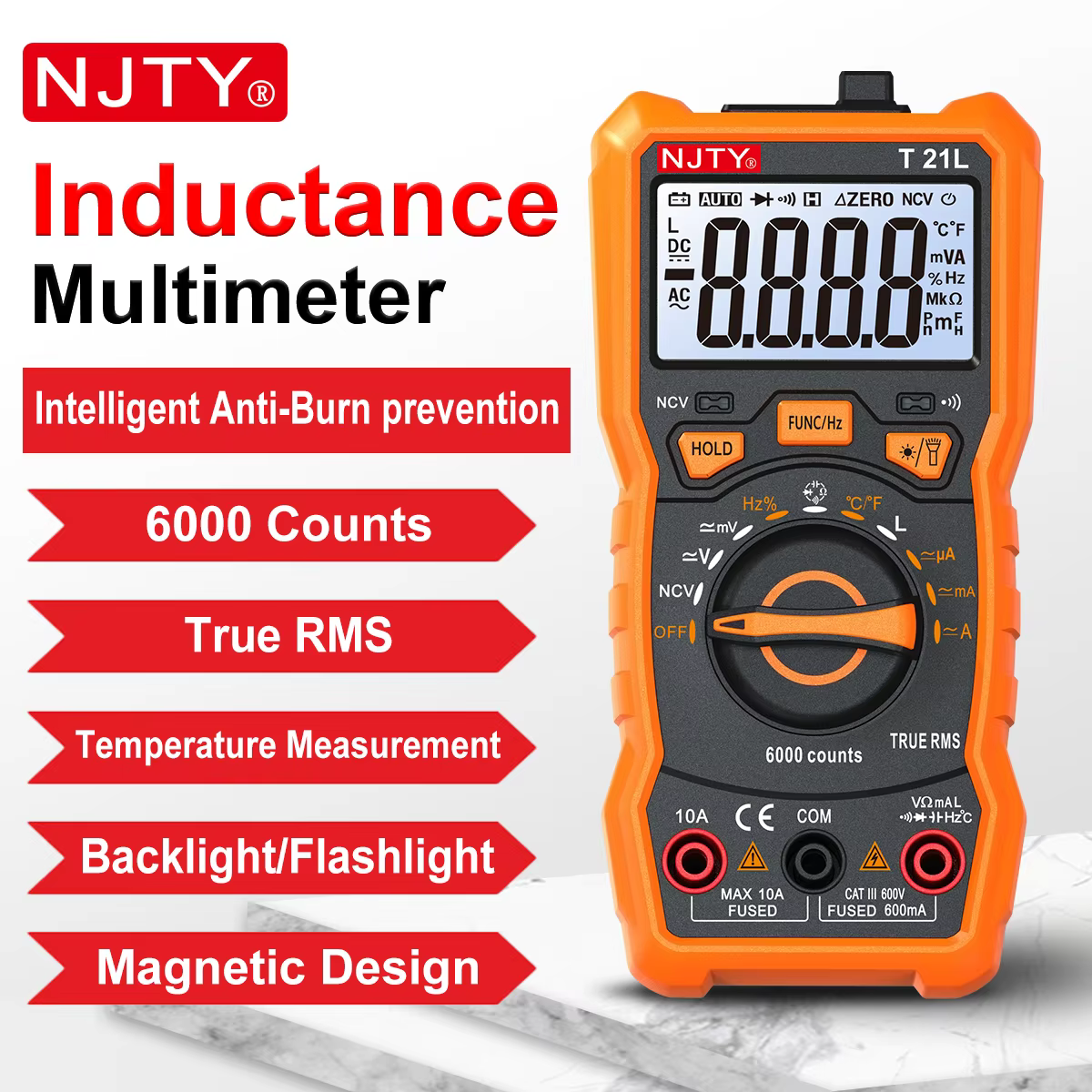NJTY T21L multimètre numérique d'inductance 600μH-60H plage Cycle de service 0.1-99% température DC AC Amp tension résistance capacité NCV Hz