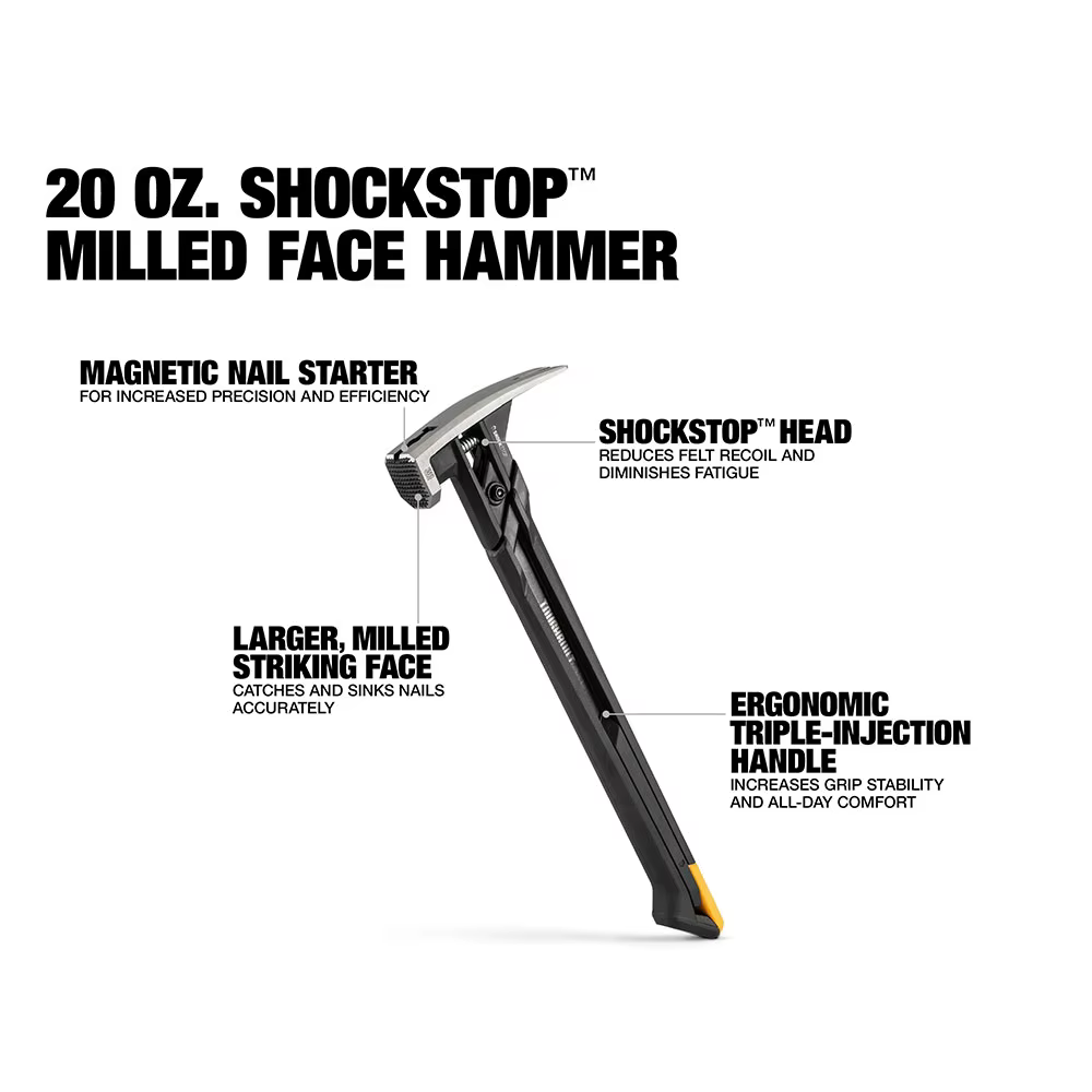 Marteau de charpentier TOUGHBUILT ShockStop 20oz en acier avec face fraisée
