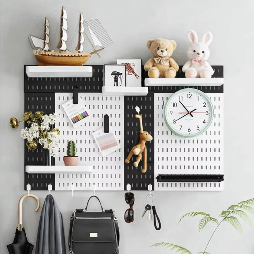 Panneau de rangement mural avec crochets, panneau perforé gain de place, support de rangement et d'affichage DIY pour cuisine, chambre, salle de bain, bureau