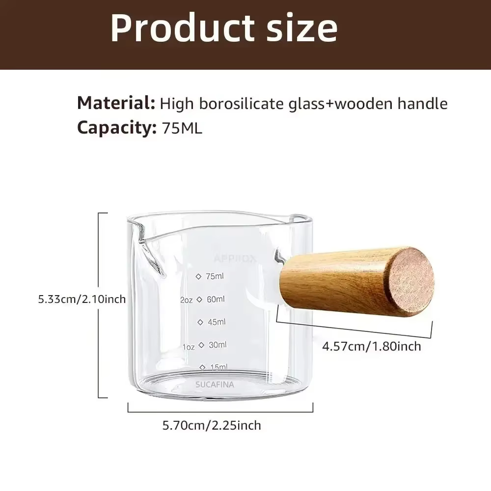 Tasse à mesurer en verre transparent de 75ml, avec poignée en bois, carafe à lait à double bec, outil de cuisine pratique pour la préparation du café, 1/2/5 pièces