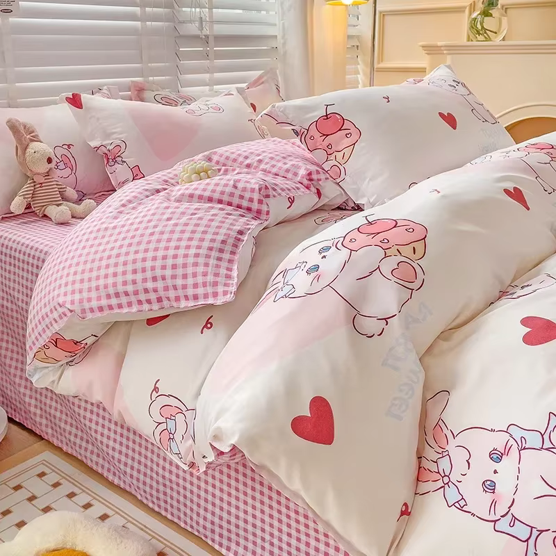 Ensemble de draps de lit de style dessin animé pour enfants, ensemble de literie imprimé lapin mignon, respirant, durable, reine, roi