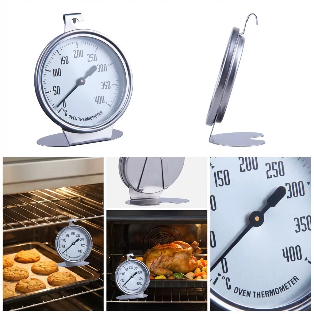 Thermomètre de four en acier inoxydable 0-400 ° Grand cadran - À accrocher ou à poser pour la mesure de la température