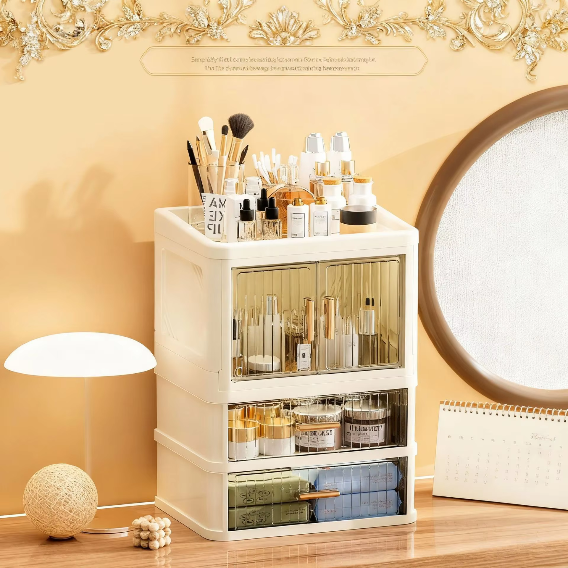 Texture luxueuse + rangement pratique : l'armoire de rangement pour maquillage est simplement incroyable, une armoire de rangement multifonctionnelle pour l'organisation de la maison, un incontournabl