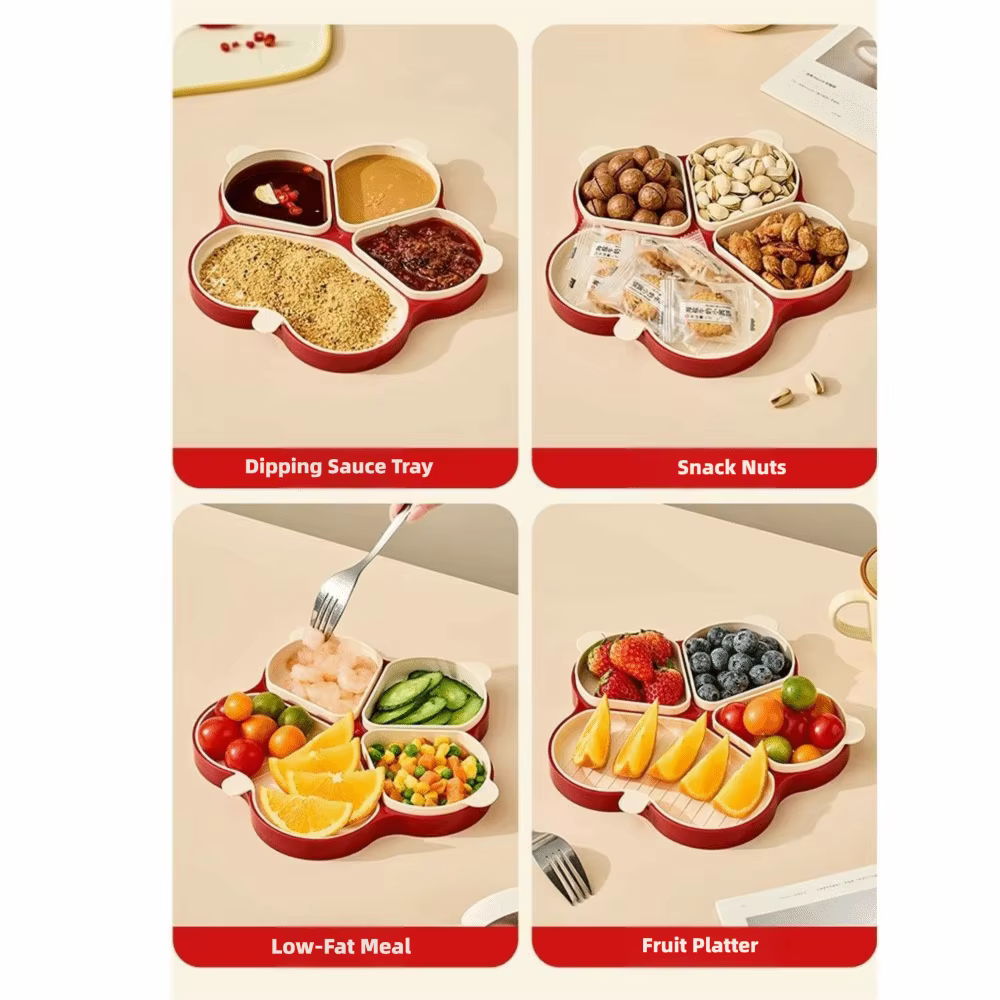 Assiette de préparation en plastique réutilisable à 4 compartiments, grande capacité, avec support pour cuillère, pour le contrôle des portions