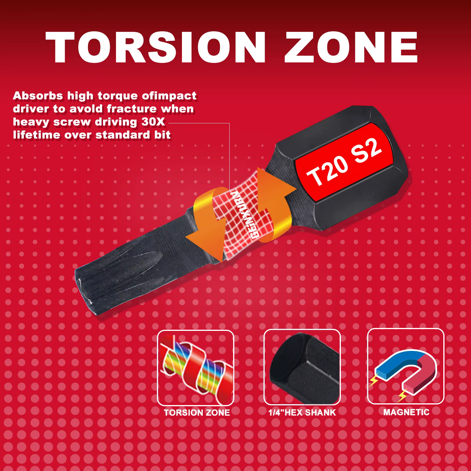 Geinxurn 30 embouts multi-conducteurs magnétiques Torx en acier S2 à impact avec boîte colorée de rangement (vert