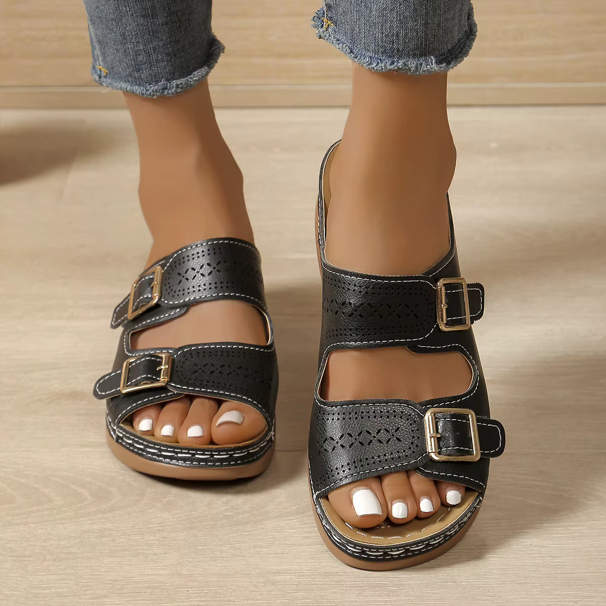 Chaussures compensées orthopédiques de qualité supérieure pour femmes, à bout ouvert, antidérapantes, style rétro