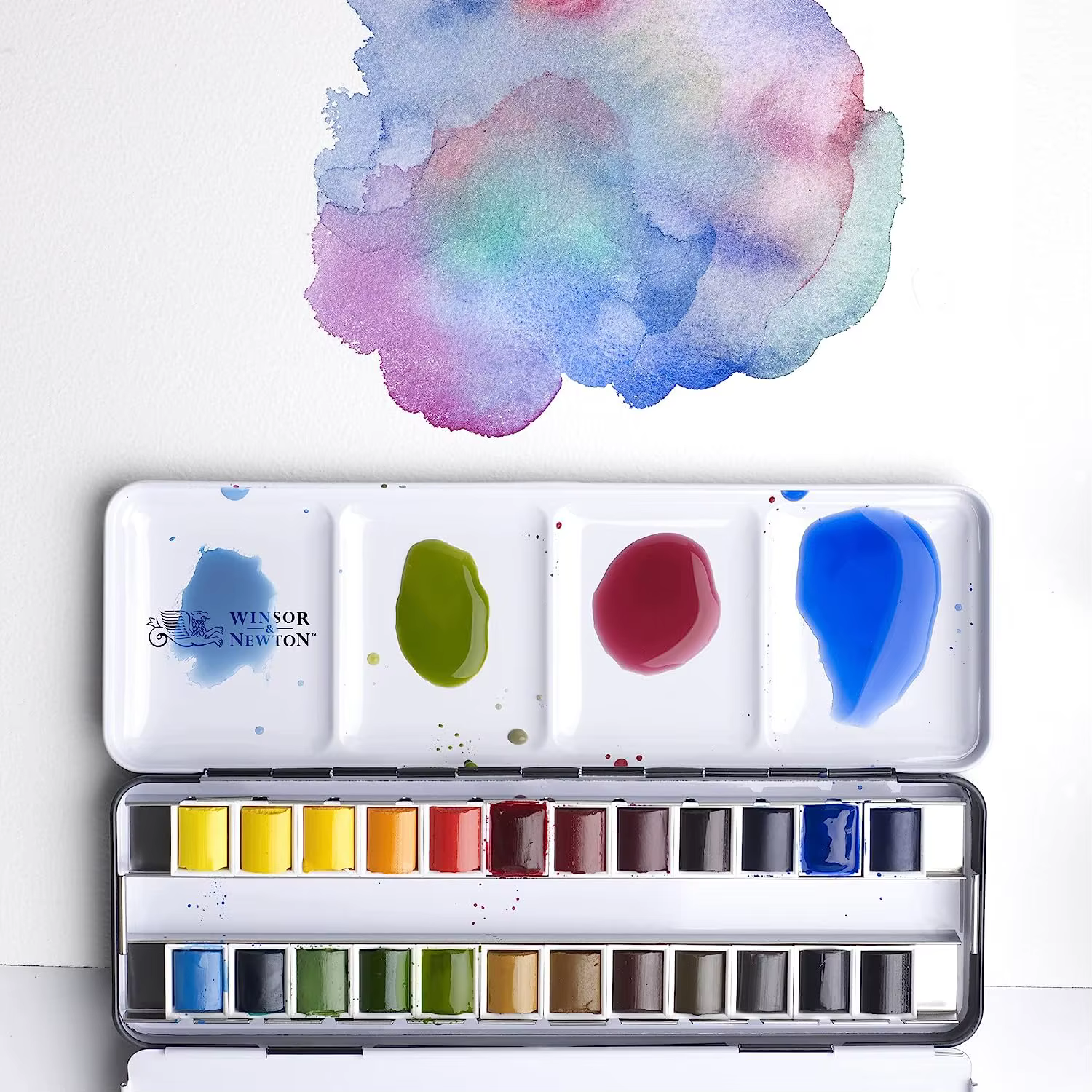 Winsor & Newton – boîte métallique légère pour aquarelle professionnelle, 24 demi-casseroles, Palette de pinceaux pour aquarelle, Pigment d'artiste Acuarela