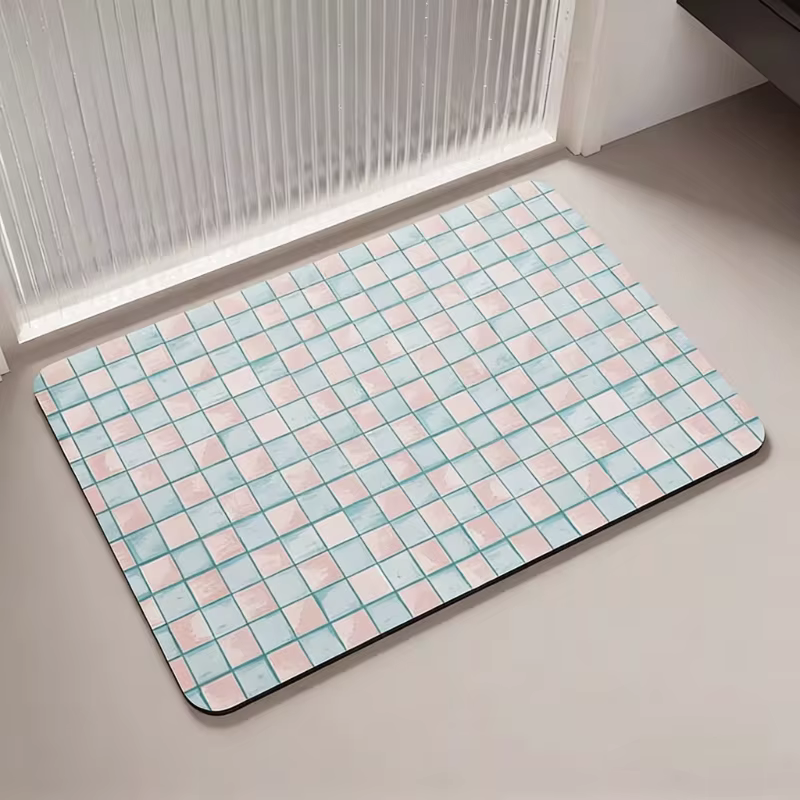Tapis de salle de bain absorbant et antidérapant, décoration intérieure, bleu clair, motif géométrique à carreaux, tapis d'entrée de toilettes, tapis de sol en boue de diatomées