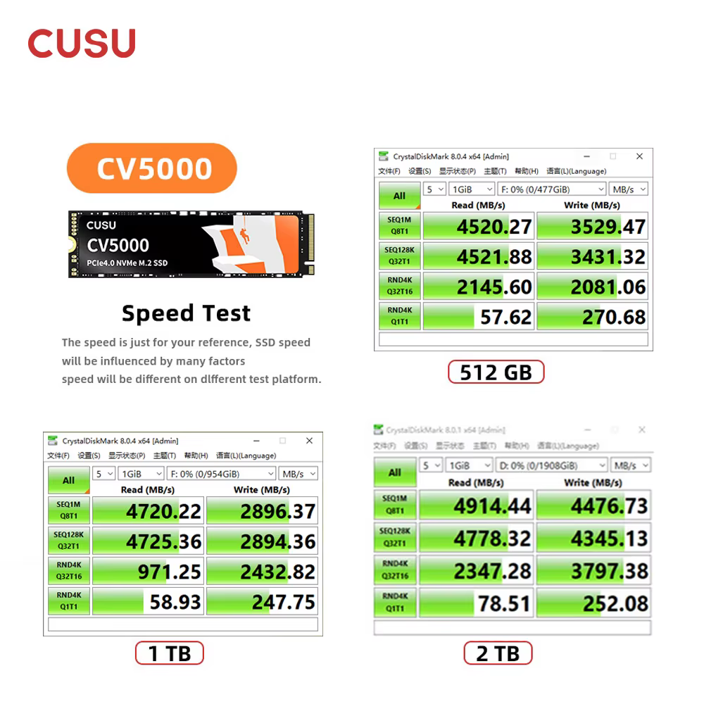 CUSU SSD 512 go 1 to 2 to M.2 2280 SSD NVMe M2 PCIe 3.0/4.0 disque dur interne pour ordinateur portable