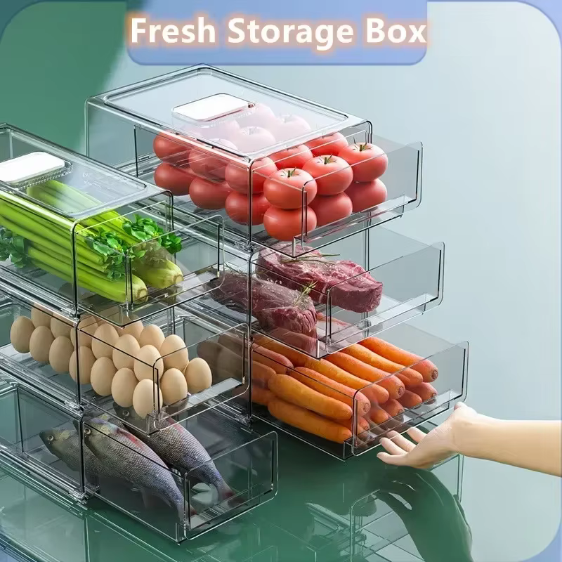 Boîte à tiroirs pour réfrigérateur de cuisine, rangement de fruits et légumes, poubelle de conservation des fruits frais, organisateur empilable, boîte d'armoire de garde-manger pour réfrigérateur