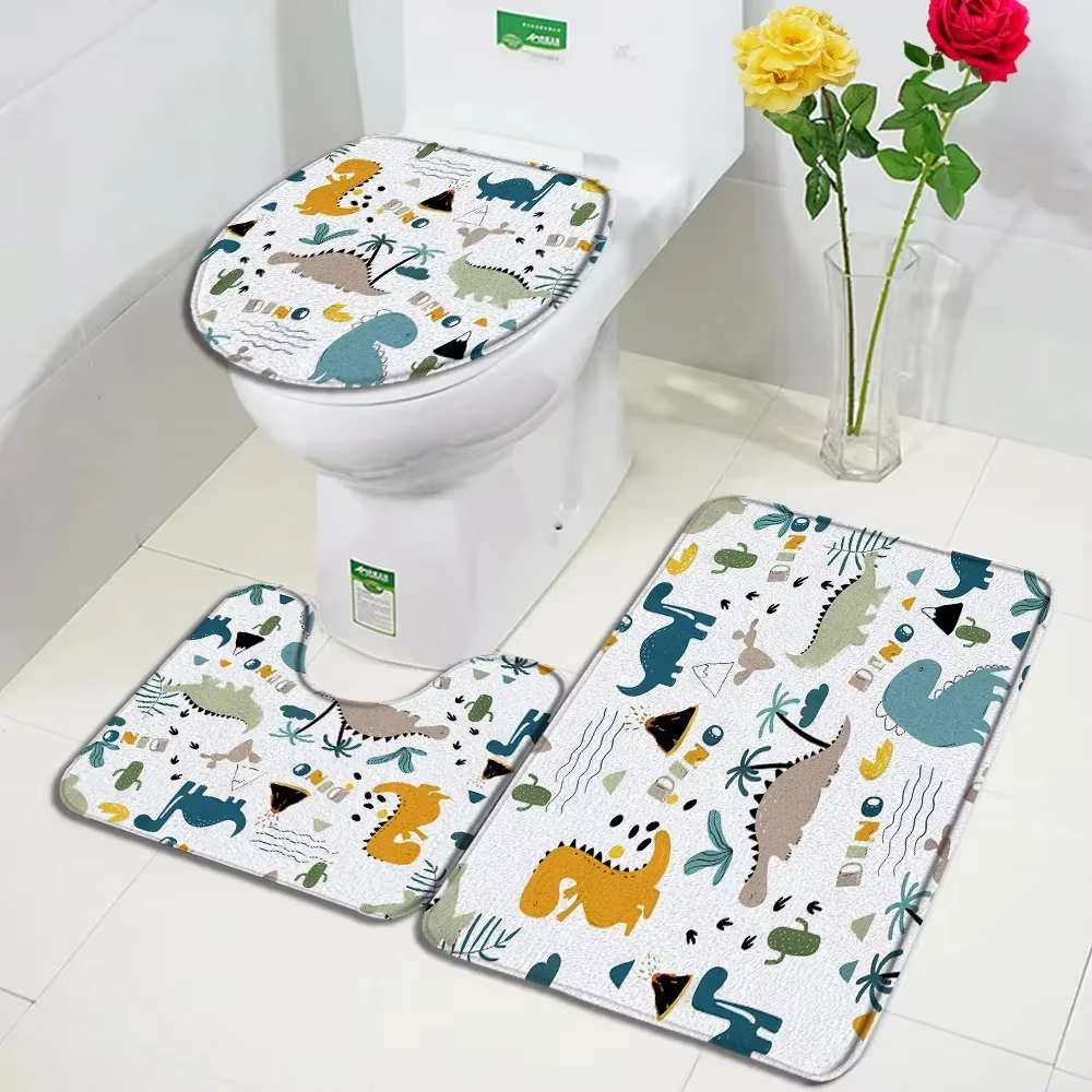 Ensemble de polymères de bain de dinosaure de dessin animé, animaux amusants, plante tropicale, AMP, arbre quantique, tapis pour enfants, décor à la maison, couverture de sol de toilette