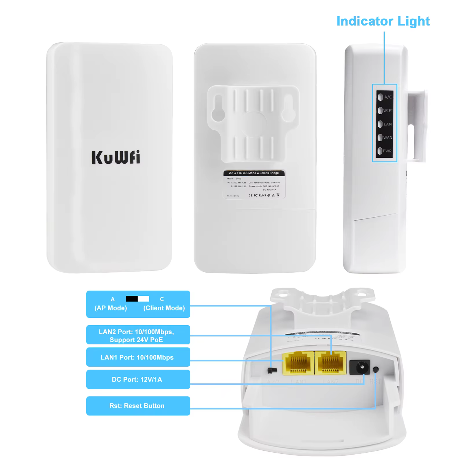 KuWFi Pont WiFi extérieur longue portée 1 km 2