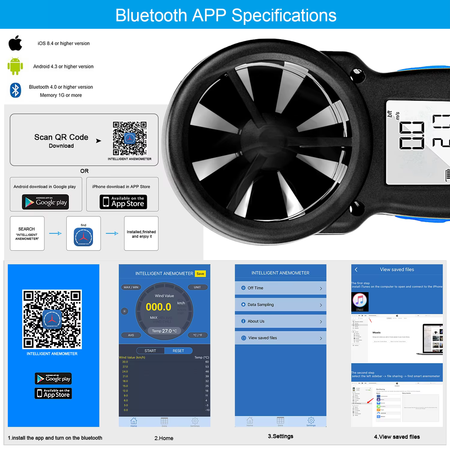 Anémomètre numérique 0.3 ~ 30 m/s avec application Mobile, mesure de la vitesse du vent, outils de test de température, HoldPeak HP-866B-APP