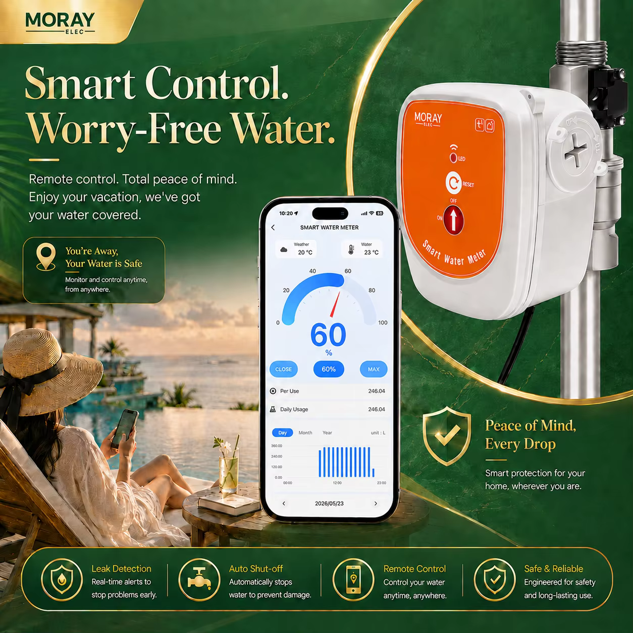 Vanne d'eau intelligente WiFi ME220FW avec débitmètre 0-10000L DN15-DN25, surveillance de la température, compatible Alexa et Google Assistant