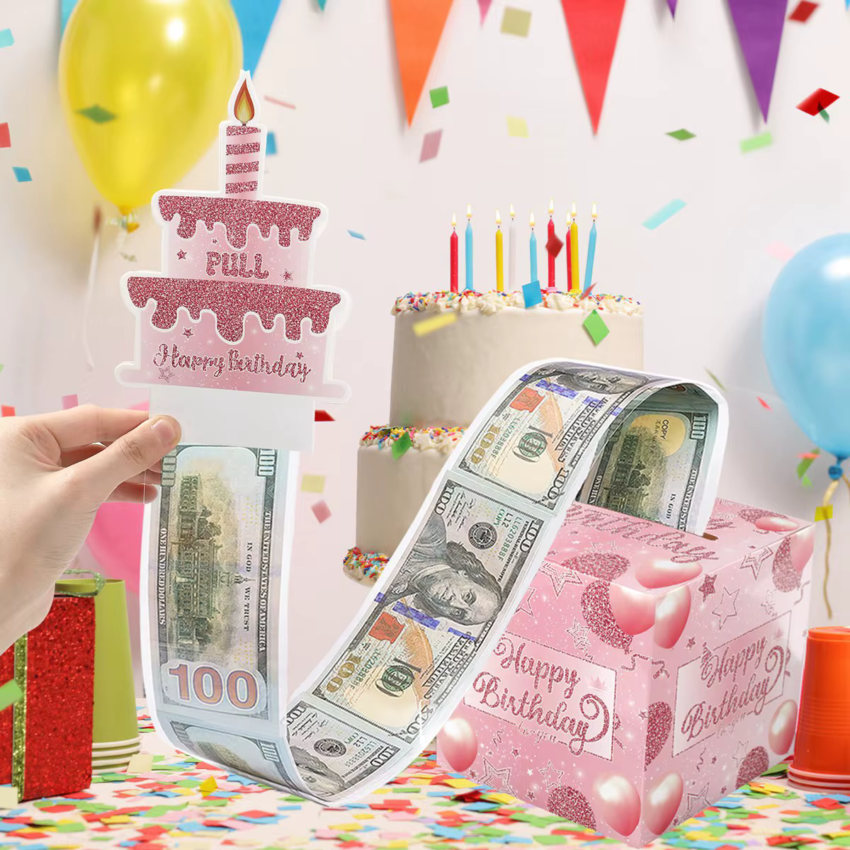 Coffret cadeau d'anniversaire avec carte à gâteau, 1 pièce, tirelire à pompage drôle, cadeaux d'anniversaire créatifs pour hommes et femmes Décor de fête d'anniversaire