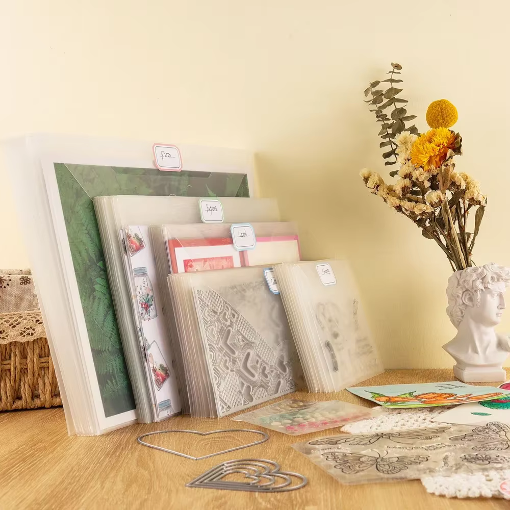 Enveloppes de rangement en plastique avec étiquettes autocollantes colorées pour stocker organiser les timbres de matrices de découpe