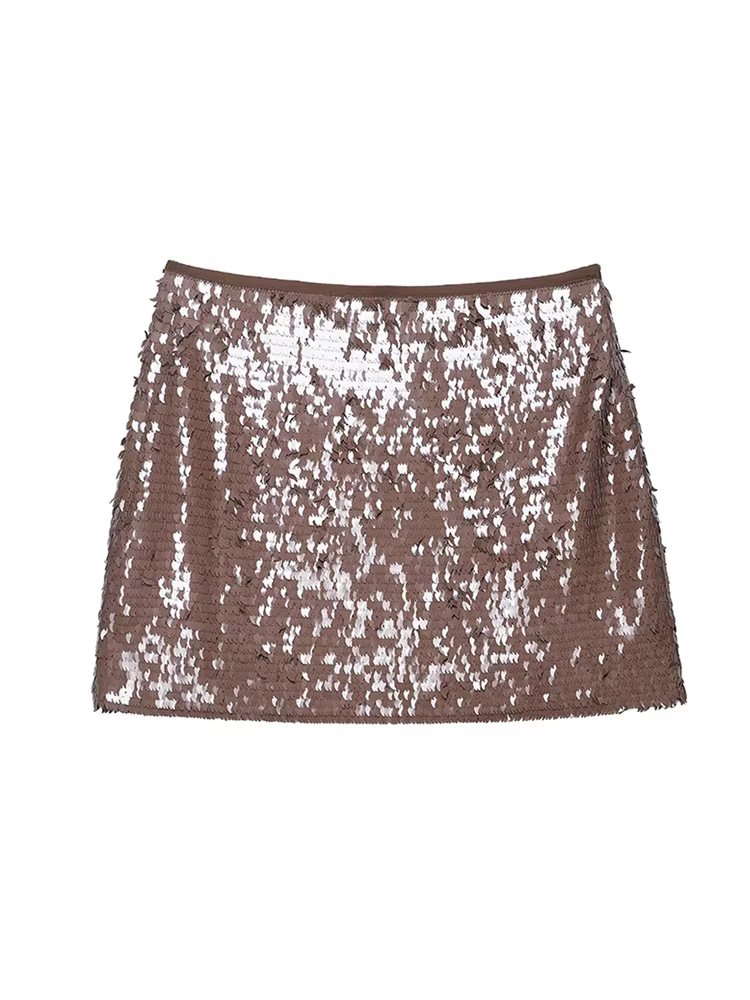Chic Y2K Paillettes Marron Mini Jupe Femmes Sexy Club Jupes Brillantes 2025 Mode Moderne Anniversaire Soirée Musique