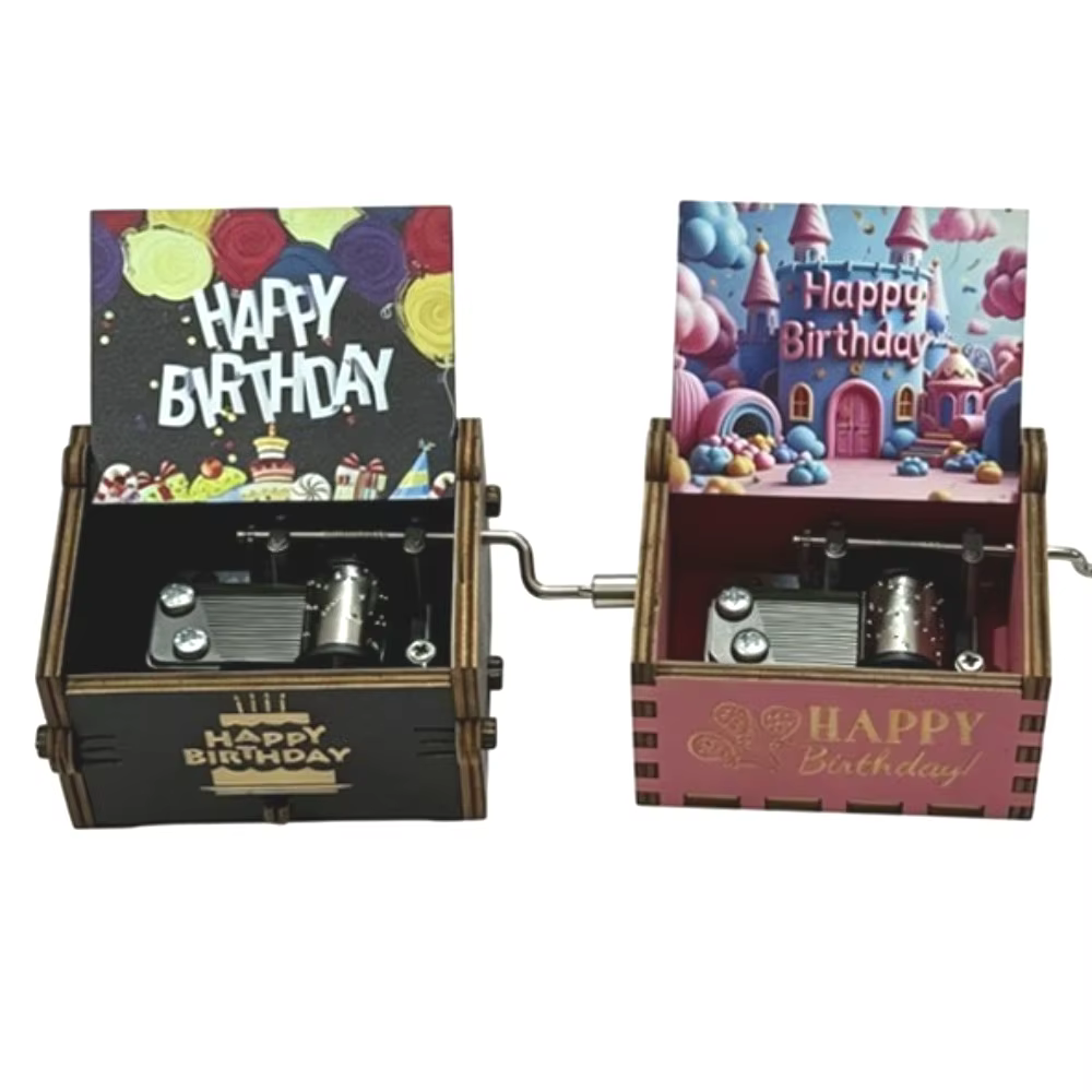 Boîte à musique Joyeux Anniversaire en bois à manivelle