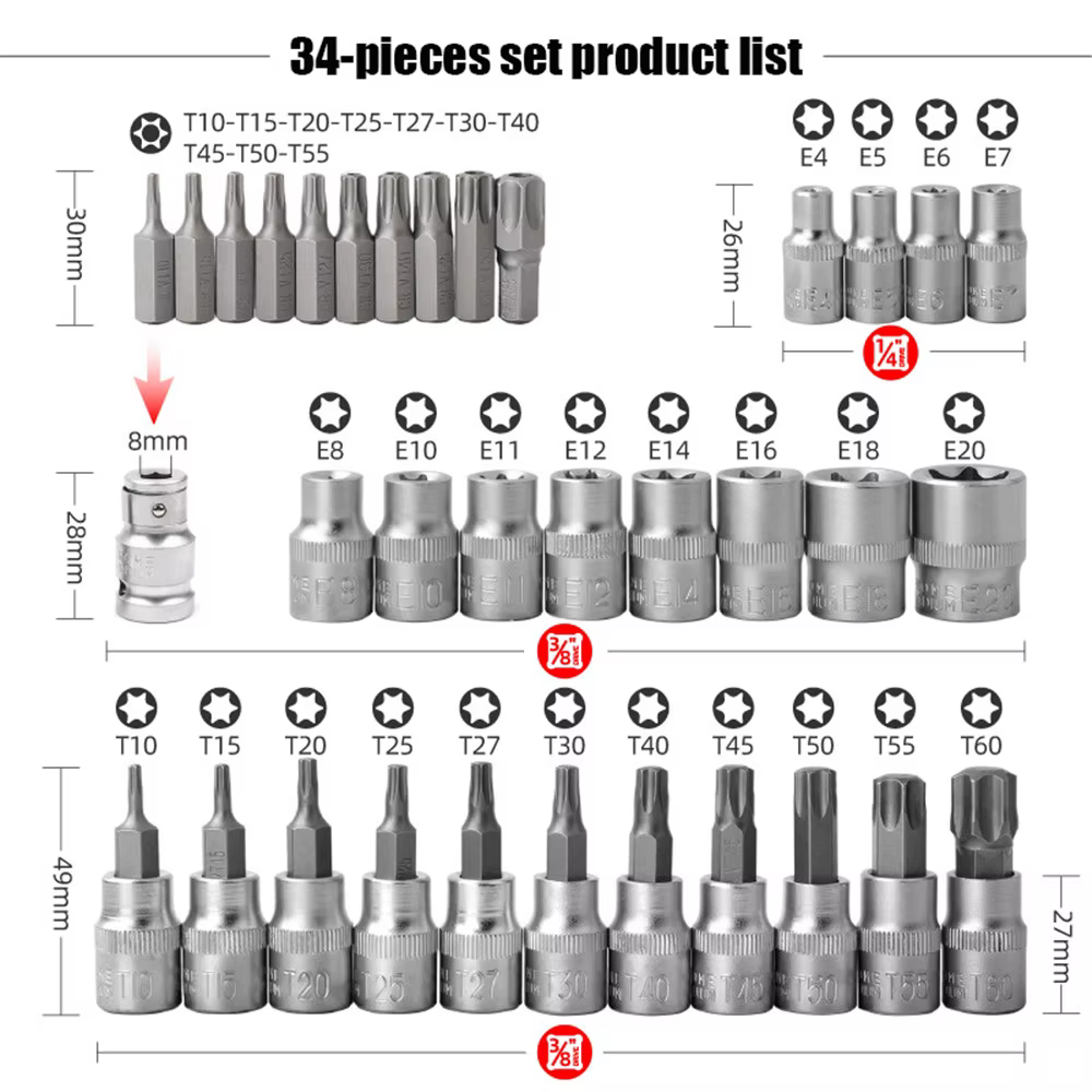 Jeu de 34 embouts Torx et douilles E-Torx