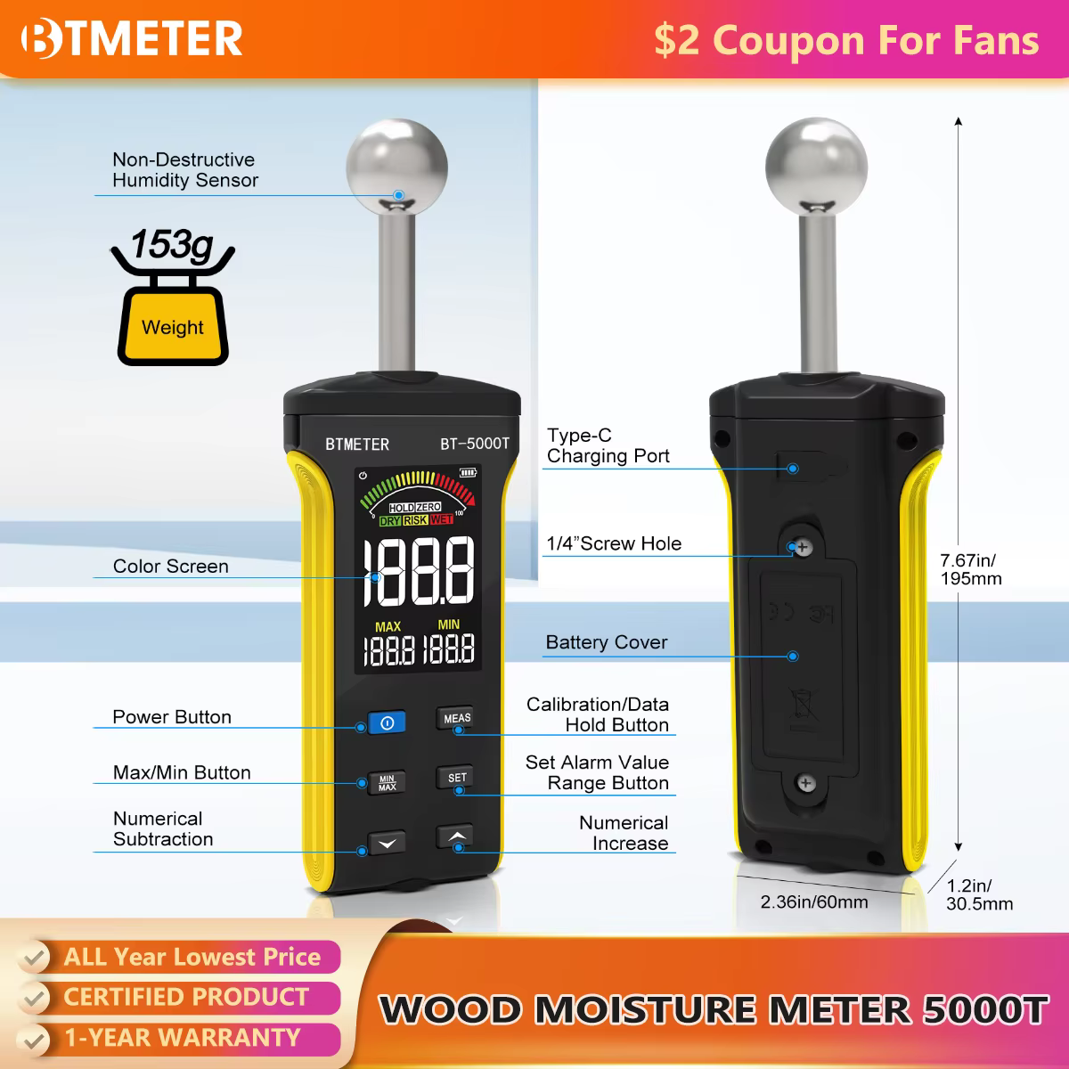 Détecteur d'humidité mural sans broches BT-5000T