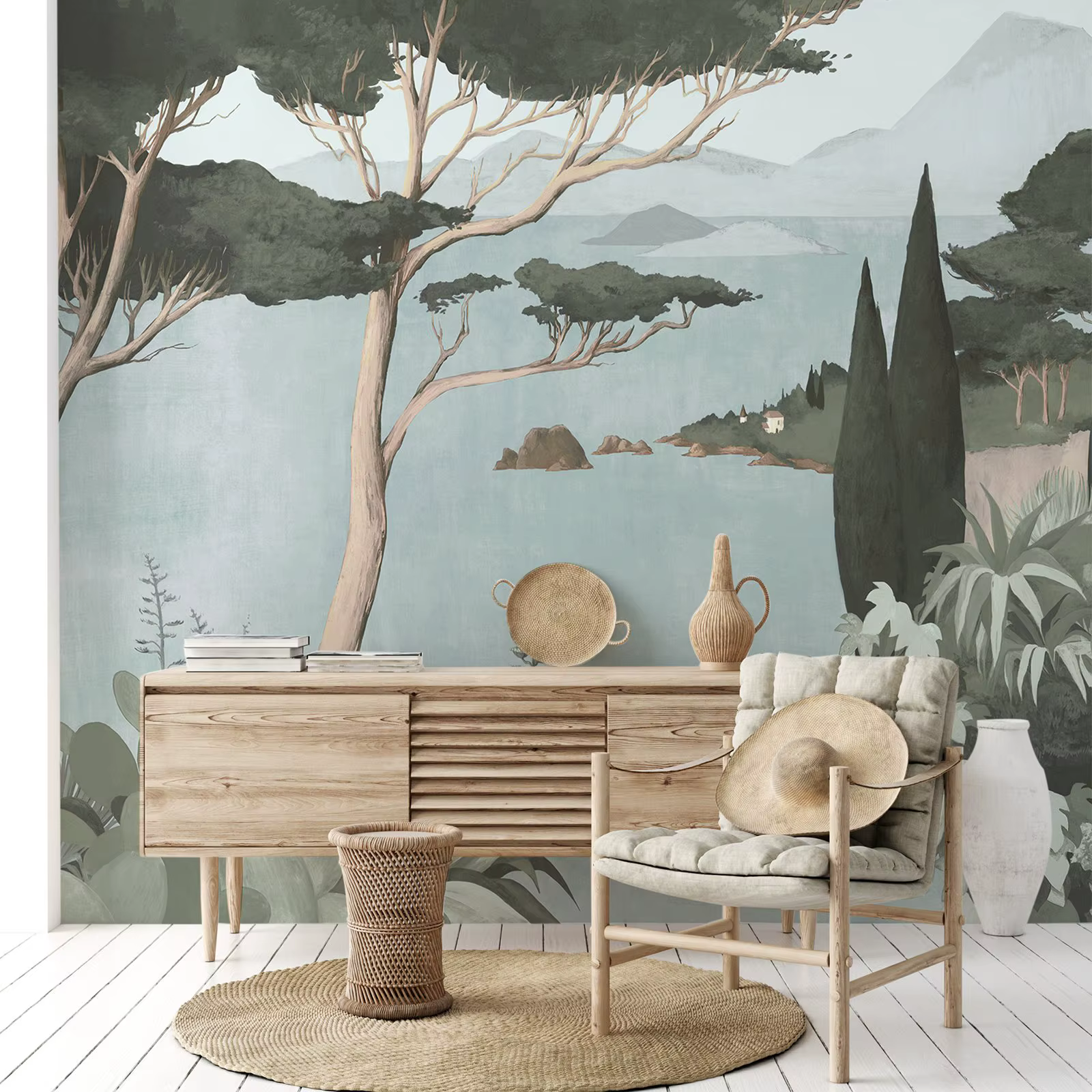 Papier peint paysage avec panorama des montagnes et un lac dans les tons KI. Panoramique Lago di Garda Vert