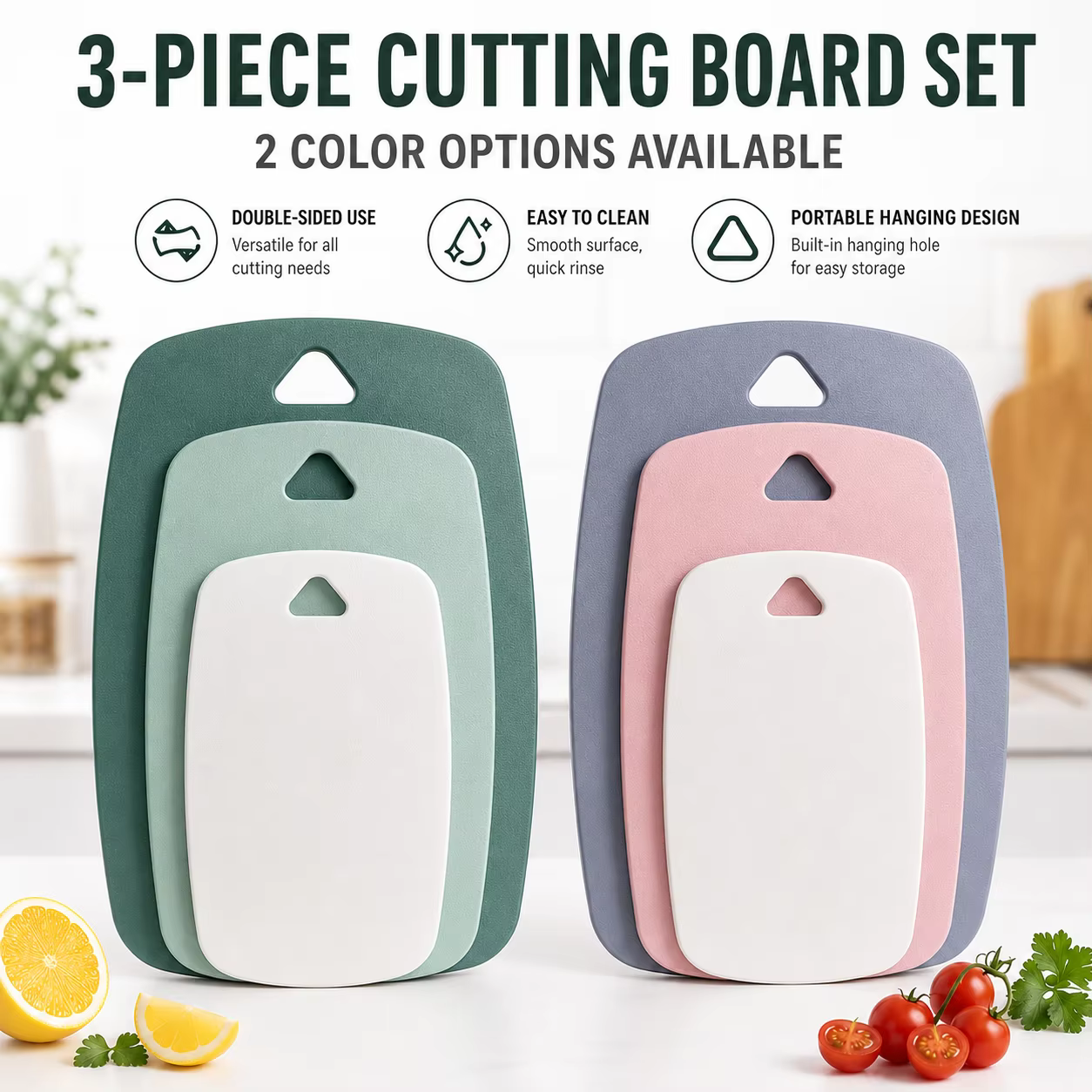 Ensemble de 3 planches à découper en plastique pour la cuisine, épaisses, colorées, antidérapantes, double face, pour viande et fruits