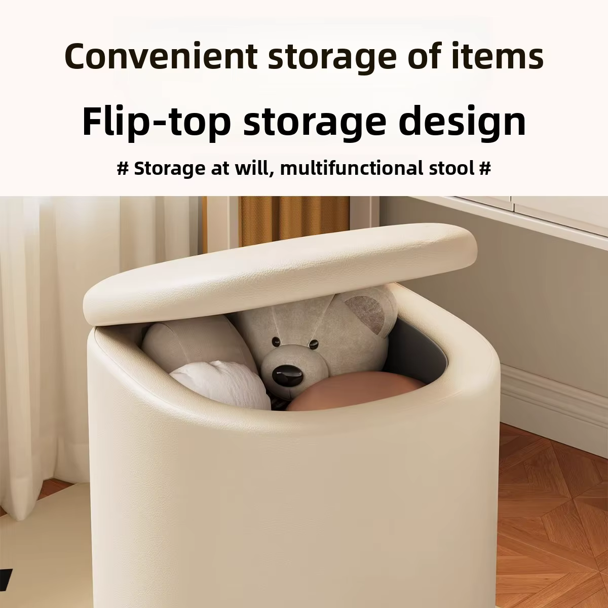 Banc de maquillage en cuir pour rangement, banc à chaussures, banc à ongles roulant pour chambre de femme, tissu en cuir haut de gamme de luxe léger