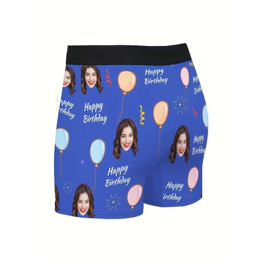 Boxer personnalisé avec photo pour homme, sous-vêtements imprimés avec ballons joyeux anniversaire, cadeau surprise amusant pour mari