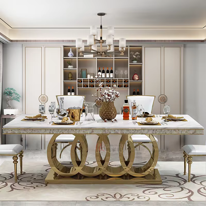 Ensemble de table à manger rectangulaire en marbre de luxe moderne haut de gamme pour hôtels et restaurants, mobilier élégant pour salle à manger