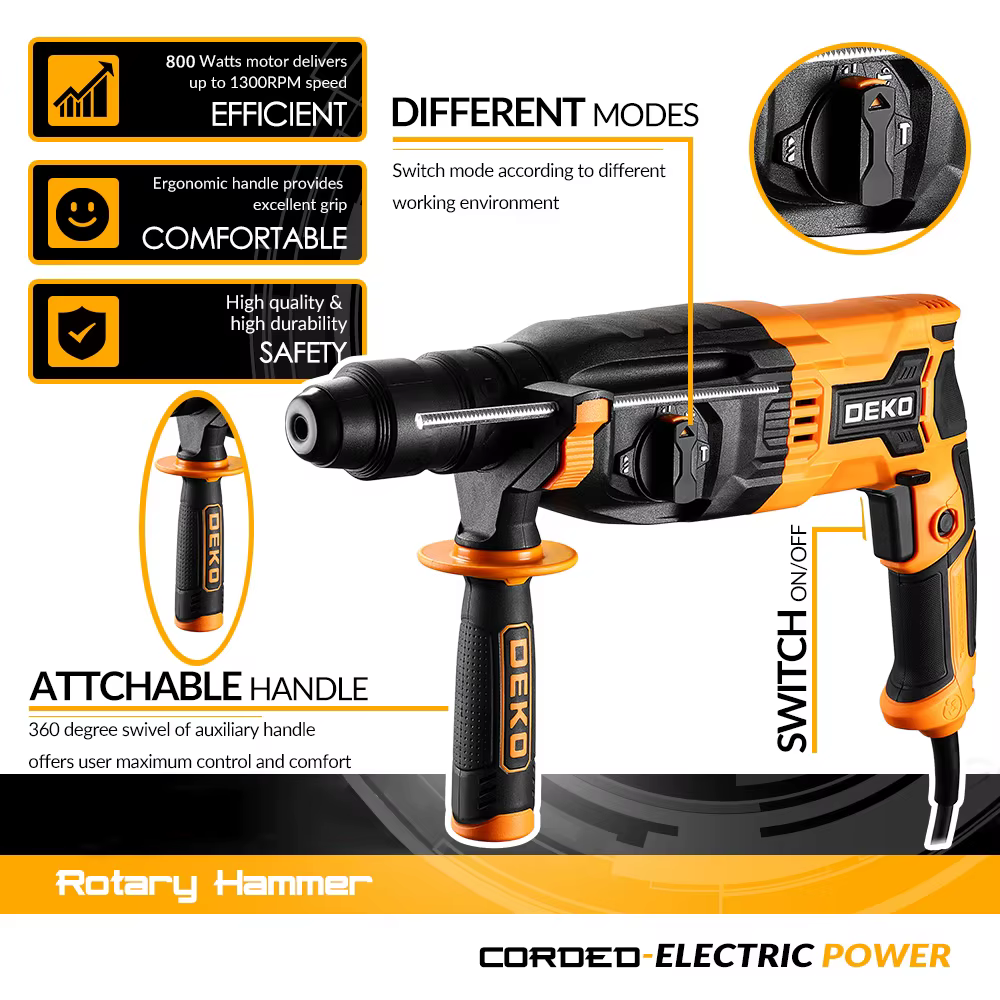 DEKO DKRH26XL80-ST 4 fonctions marteau rotatif électrique accessoires rotatifs multifonctionnels