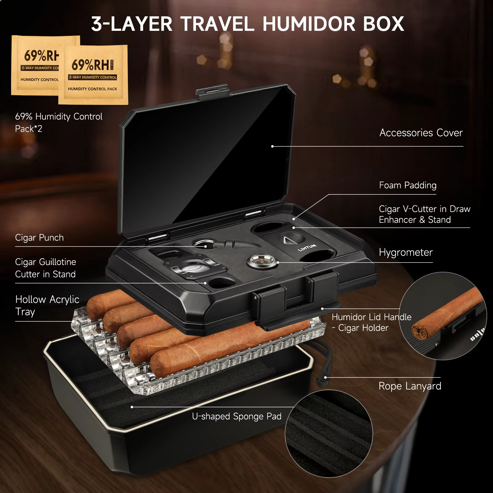 Boîte à cigares de voyage portable avec 2 coupe-cigares